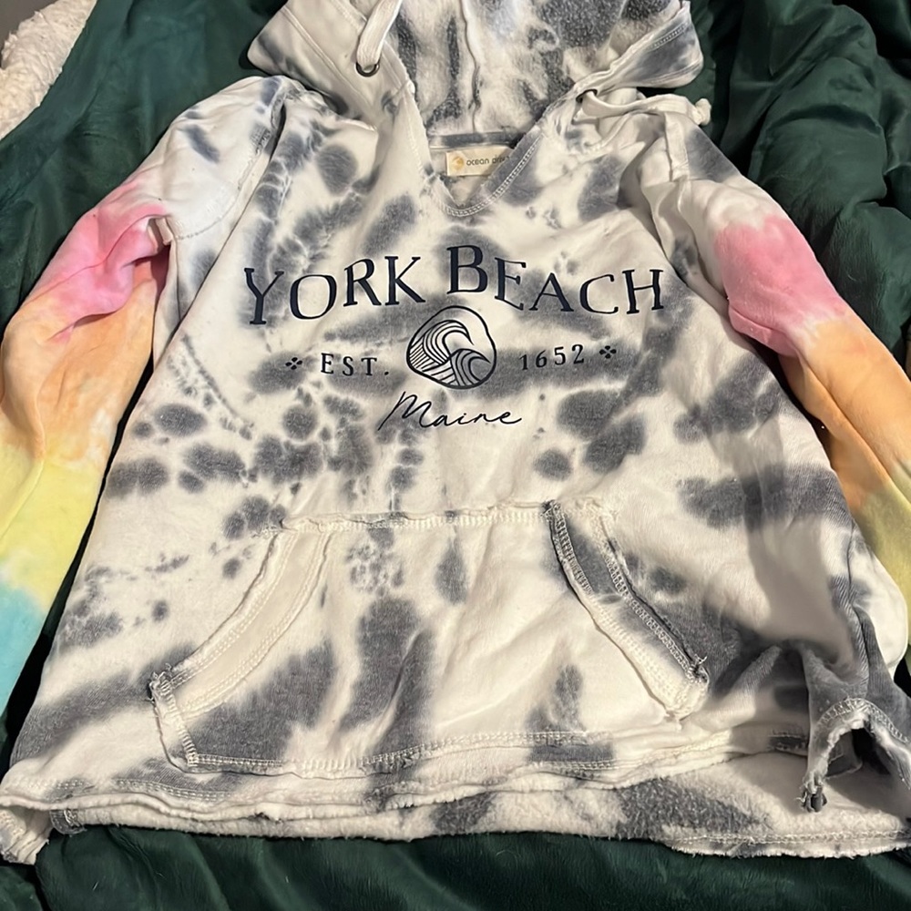 York beach with rainbow sleeves sweatshirt